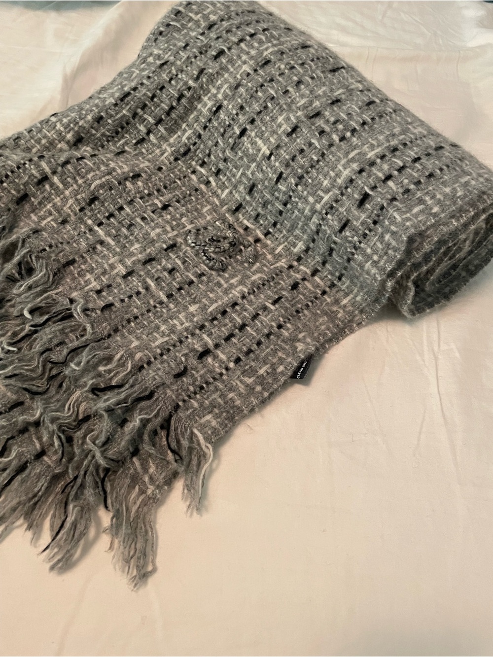 Chanel Soft Gray Woven Fringe scarf